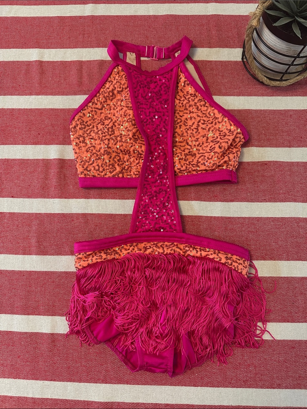 Dance Costume Hot Pink and Orange Sequin Fringe One-Piece